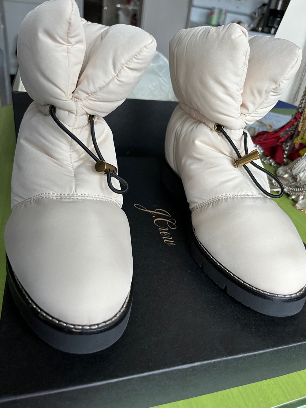 J. Crew Cream Quilted Elsa Puffer Ankle Boots with Primaloft
